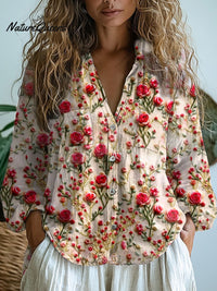 Shirley - Damen Retro Blumen Langarm Bequemes Baumwollshirt