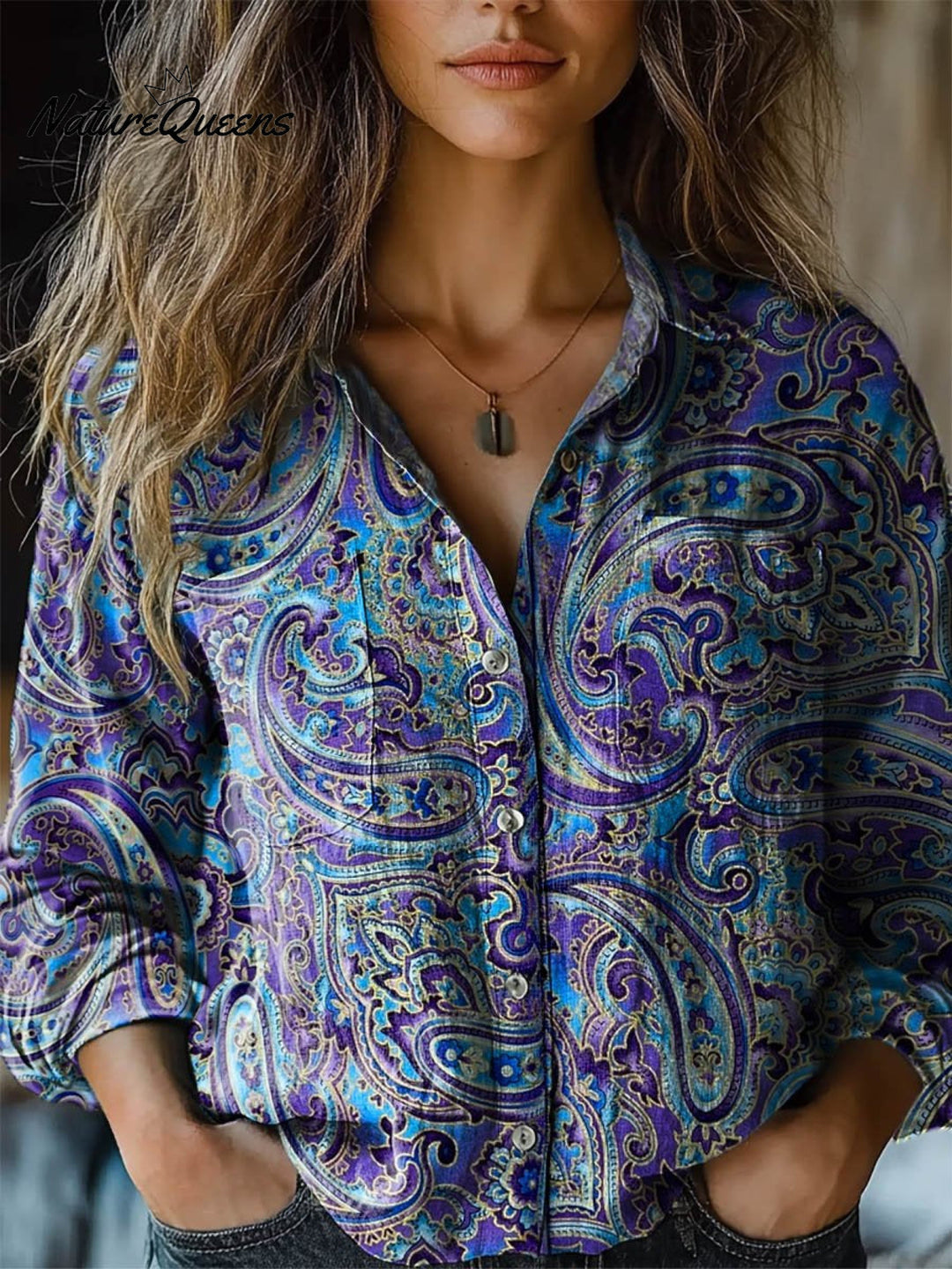 Cynthia - Folk Flower Paisley Print Langarm Bequemes Baumwollhemd