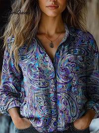 Cynthia - Folk Flower Paisley Print Langarm Bequemes Baumwollhemd