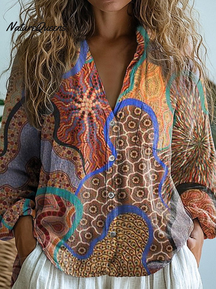 Amy - Ethnischer Stil Tribal-Muster bedrucktes Langarm-Shirt