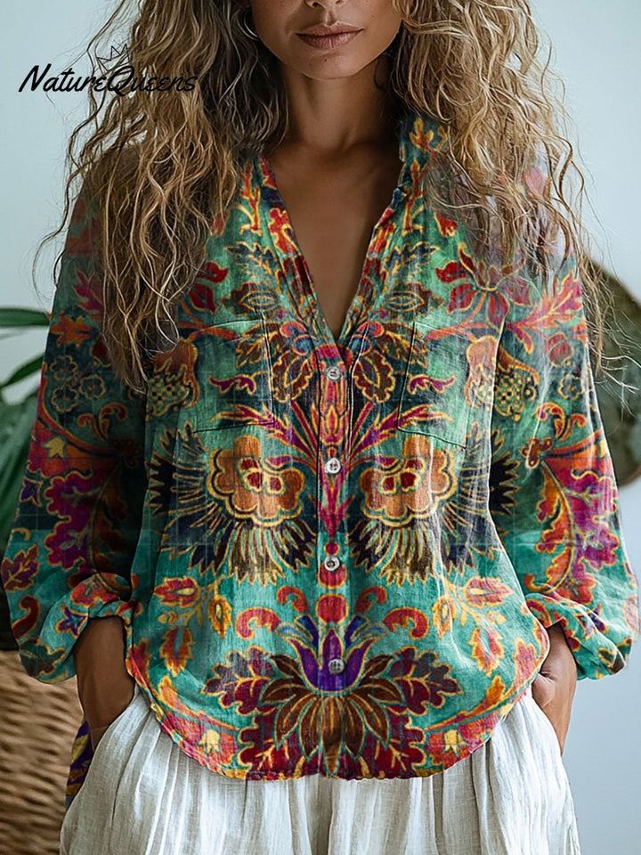 Laura - Damen Vintage Floral Lässiges Langarm Bequemes Baumwollshirt
