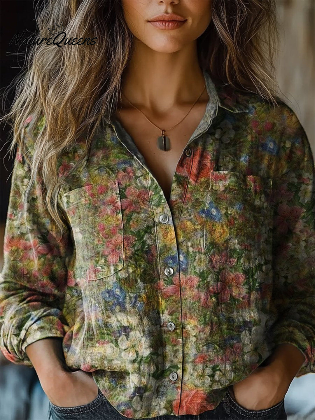 Michelle - Damen Vintage Folk Blumen Langarm Bequemes Baumwollshirt