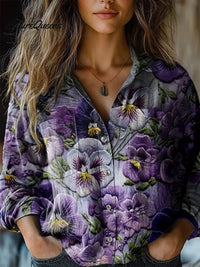 Stephanie - Lila Blumen Druck Lässiges Langarm Bequemes Baumwollshirt