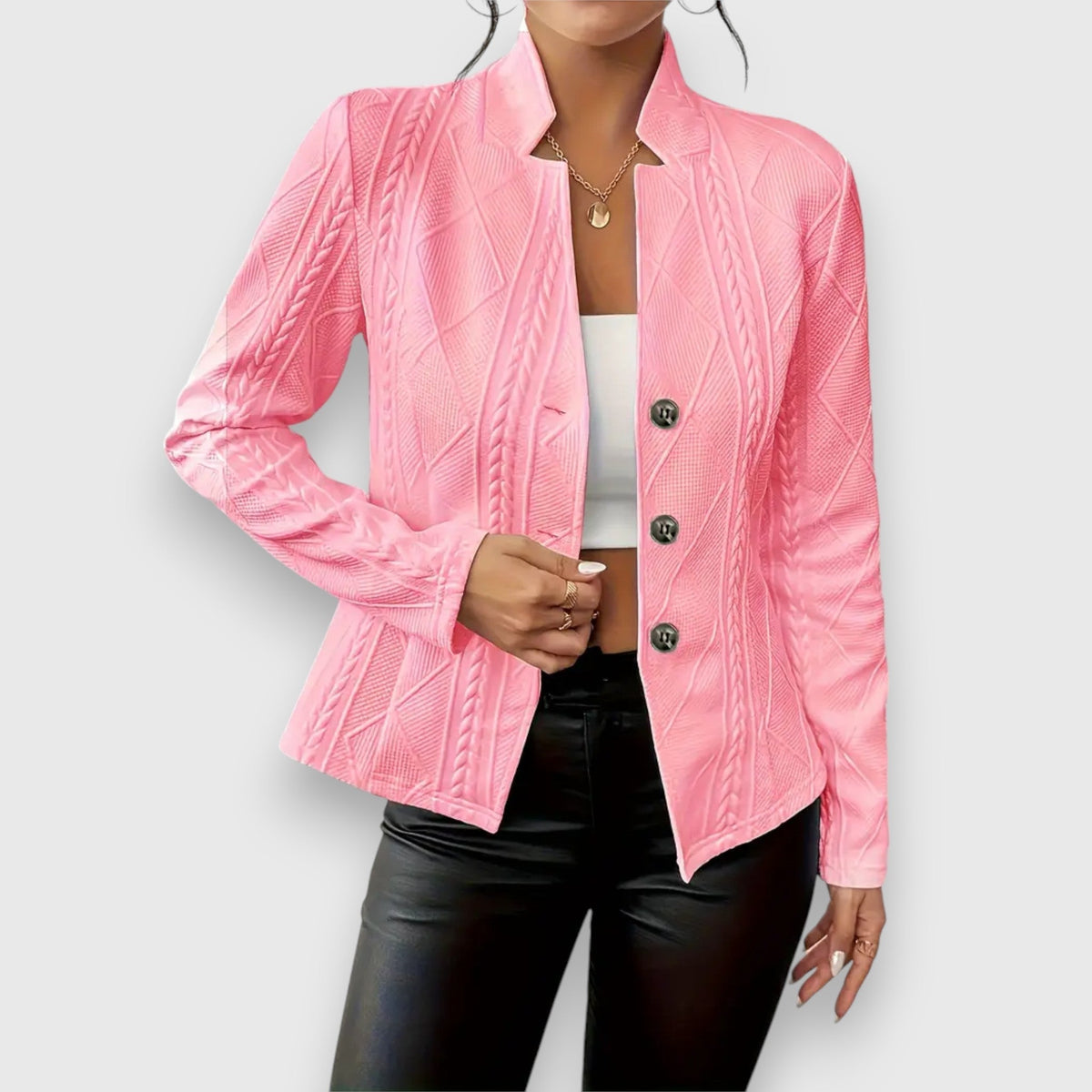 Reina | Damen Langarm Troyer Pullover mit Zopfmuster, Figurbetont