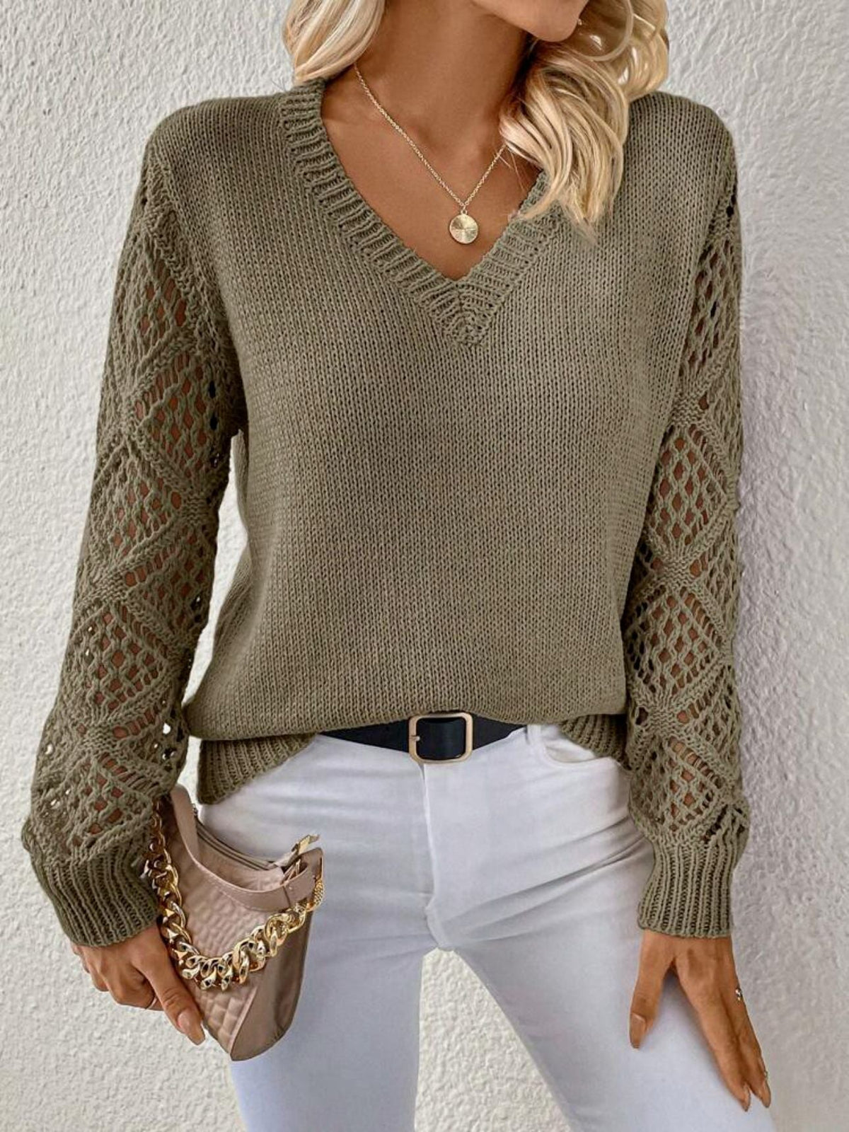 Sorcha | Damen V-Ausschnitt Strickpullover mit Häkelärmeln