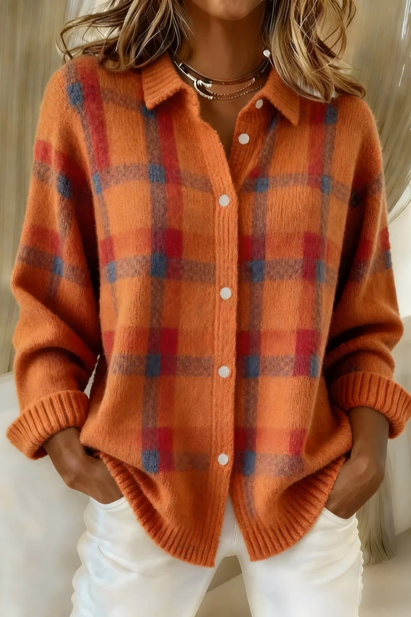 Thordena | Damen Karo Strickjacke mit Knopfverschluss