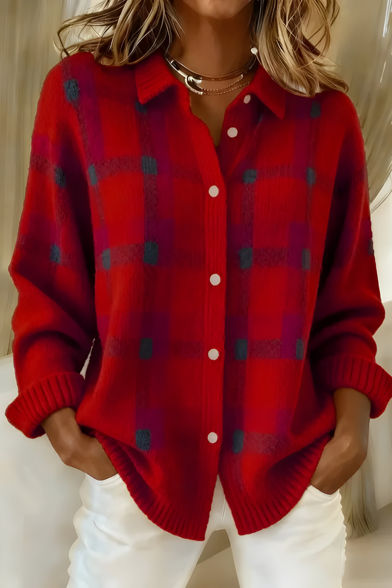 Thordena | Damen Karo Strickjacke mit Knopfverschluss