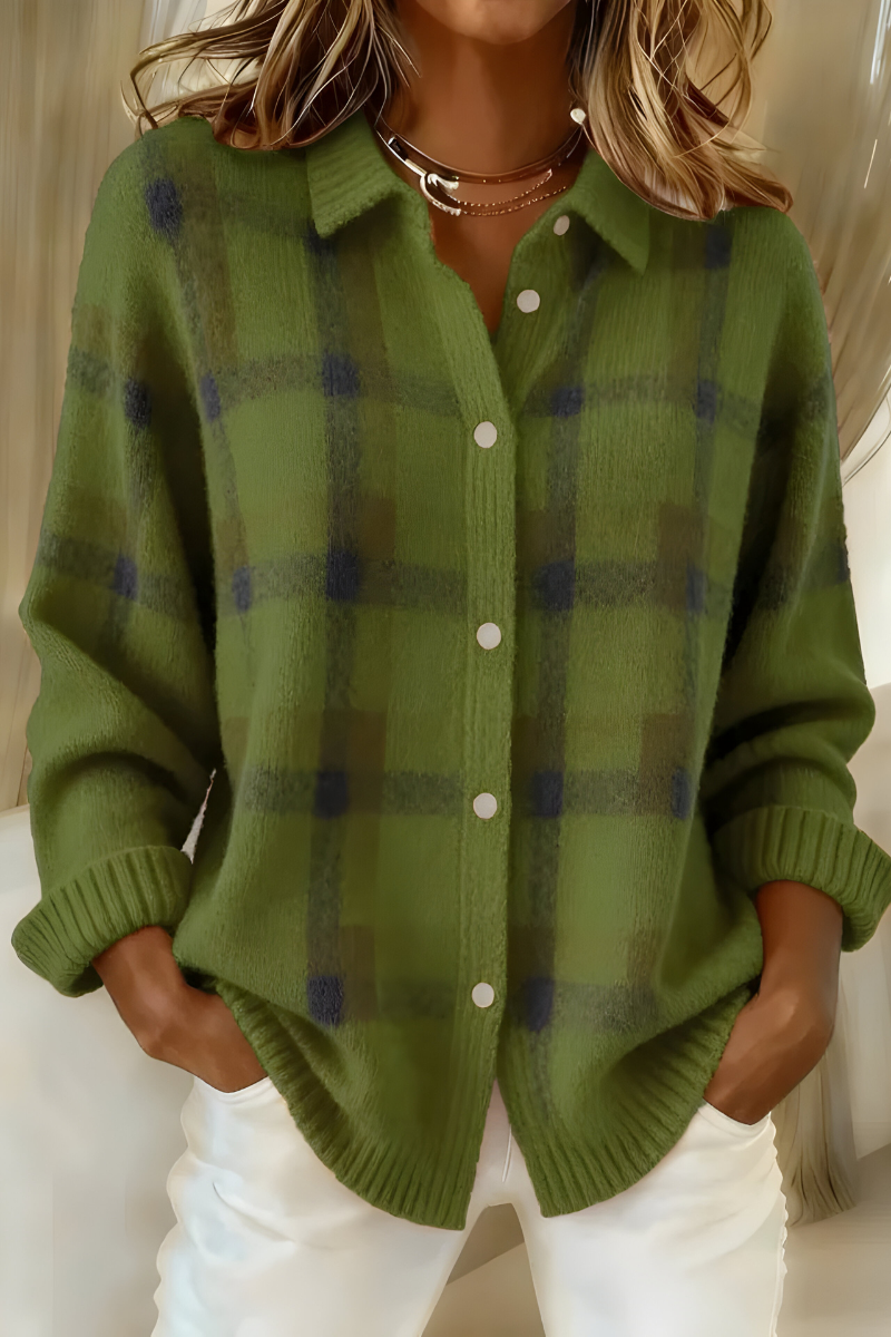 Thordena | Damen Karo Strickjacke mit Knopfverschluss